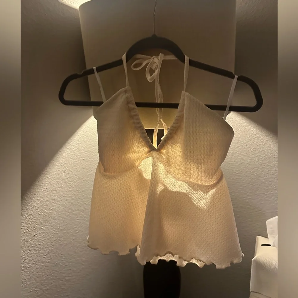 NEW Textured Beige Halter Crop Top Versatile Keyhole Tube Ties A-Line Swing XS - Picture 5 of 10